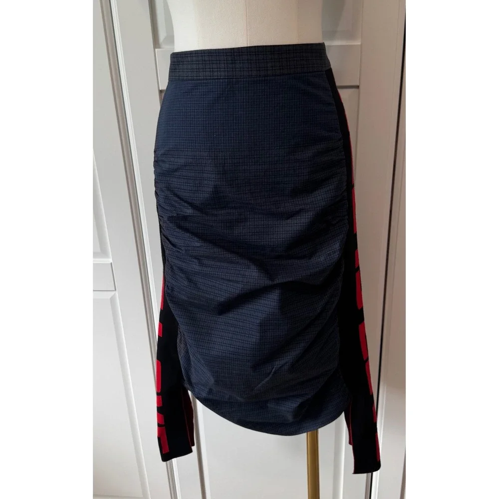 Stella McCartney All Is Love Micro Checked Ruched Grid Midi Skirt Navy Blue Red
